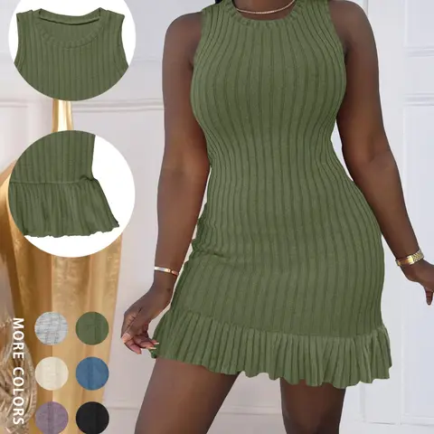 Women's Casual Summer Dress, Sleeveless, Elegant Ruched & Ruffle Hem Design, Comfortable Basic Chic Style Fit Dress for Everyday Wear