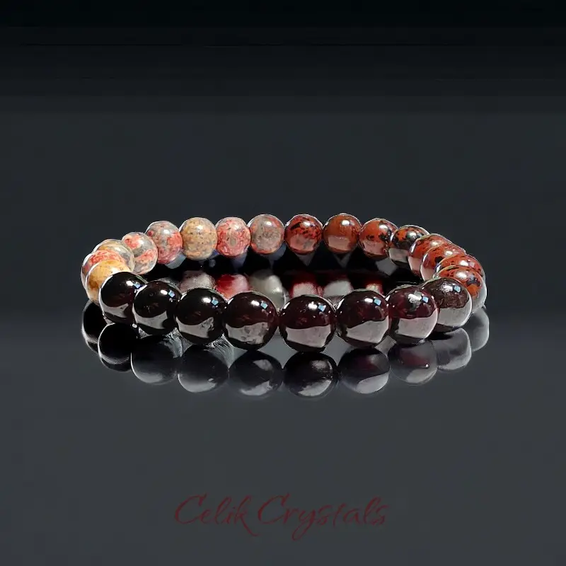 Unisex Gemstone Bracelet with Red Garnet, Leopard Jasper, and Mahogany Obsidian - 8mm Handmade Healing Crystals for Grounding and Stability, Female, Jewelry, Adults