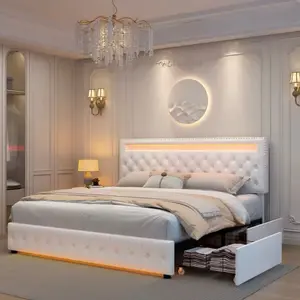 Queen LED Bed Frame with 4 Storage Drawers Adjustable LED Headboard Remote & App Control 16M Color Options Music Sync Sturdy Reinforced Steel Frame Easy Assembly Modern Luxury Look