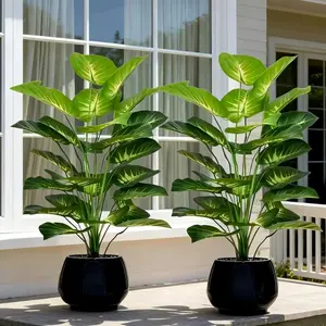 2pcs of Large Nordic Green Plant Potted Artificial Trees,Money Plant Leaves,Green Broadleaf Tropical Rainforest Decorative Trees