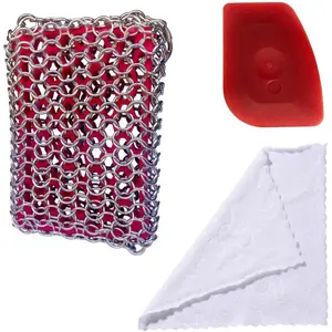 Cast Iron Skillet Cleaner, 316 Chainmail Scrubber Built-in Silicone Cast Iron Cleaner for Cast Irons Grill Pan Skillet Wok Bakeware Easy to Use Dishwasher Safe, Scrubber + Scraper + Towel