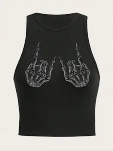 Women's Skeleton Hand Gesture Print Round Neck Tank Top, Casual Sleeveless Top for Summer, Ladies Clothes for Daily Wear, Socks