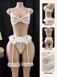 Romantic Midnight Floral Embroidered Lace Mesh Lingerie Set, Adjustable Straps and Garters, Comfortable Women's Underwear， sexy，college pjs，rave outfit，lenceria sexi mujer，sneaky lingerie，whimsy clothing，estilo under