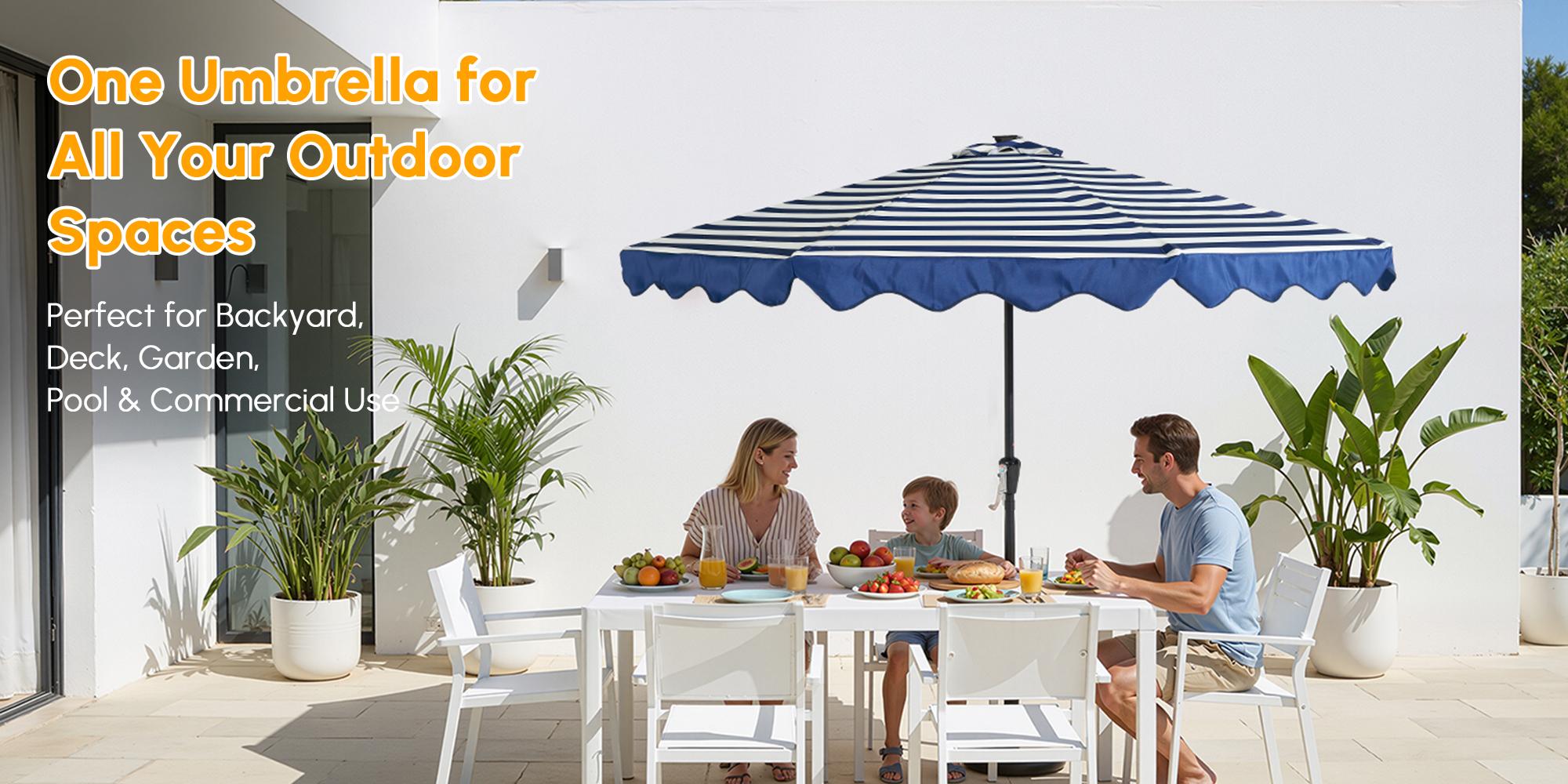 10Ft Classic MidCentury Scalloped Fringe Market Patio Umbrella with One Button Tilt, Handle Crank Solar powered Outdoor Parasols, Wind Vent and UV Protection for Garden Lofi Porch Pool, Premium