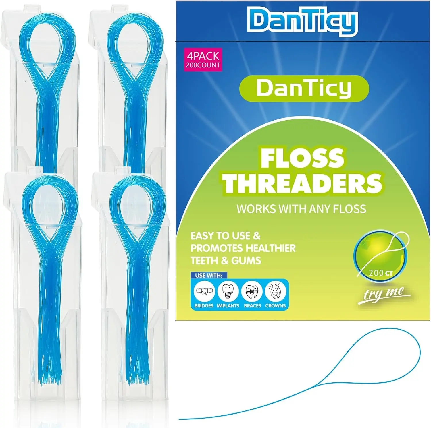 Deep Clean Dental Floss Threaders for Braces, Bridges, and Implants, 200 PCS (4 Pack), Blue