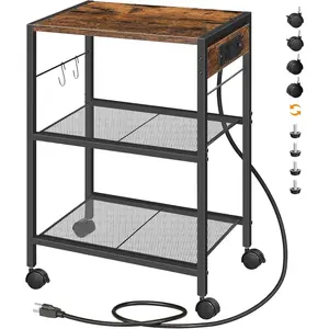 Industrial Printer Stand, 3-Tier Mobile Printer Table, Rolling Cart with Power Outlets and USB Ports, with 2 Hooks for Home Office Living Room, Rustic Brown BF22UPS01