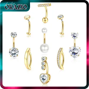 ORAZIO Gold Belly Button Ring Pack - 9Pcs Hypoallergenic Surgical Steel CZ Opal Pearl Clicker Floating Navel Piercing Jewelry for Women Comfortable 14G Bar Length