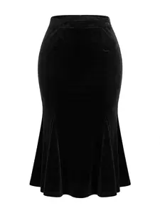 INSPIRE CHIC Vintage Retro Elastic Waist Velvet Fishtail Mermaid Bodycon Skirt Black