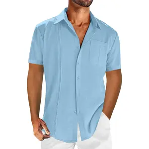 Mens Cuban Guayabera Shirts Button Down Short Sleeve Shirt Casual Linen Summer Beach Vacation Hippie