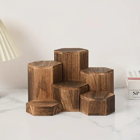 6pcs Wood Hexagon Display Stacks - Multi-Tiered Cube for Jewelry Showcase, Tiered Storage Shelf, Layered Storage Design, Home Storage Supplies - Easy Assembly, No Tools/Metal-Free, Rich Brown for Home, Office & Bedroom