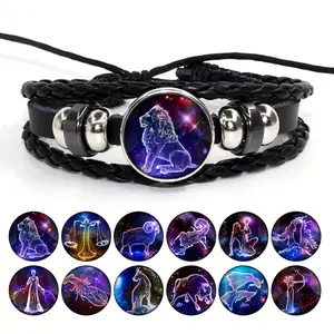 1 Retro PU Leather Braided Synthetic Gemstone Zodiac Bracelet