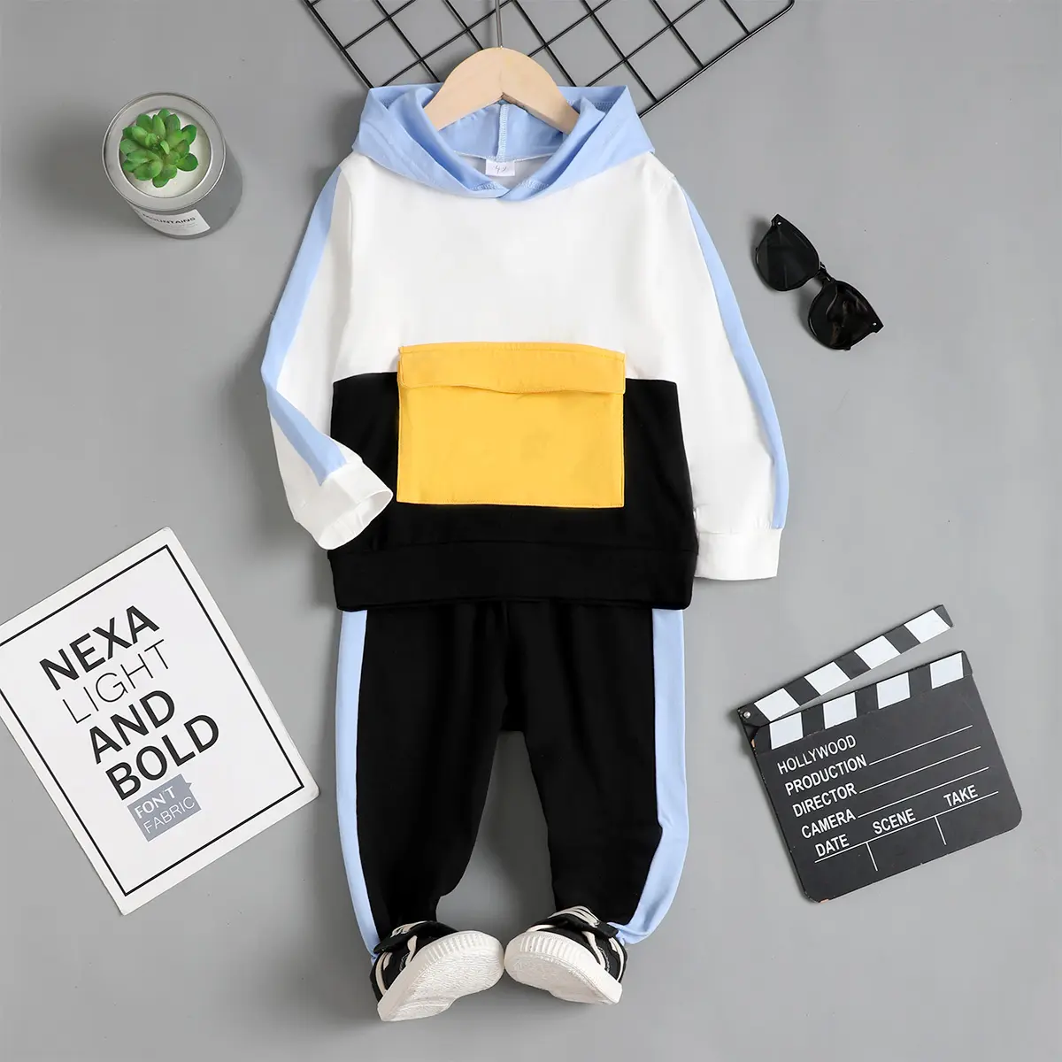 Ready Stock Outfits For 12m-4y Toddler Baby Boys Color Block Flap Pocket Winter Hoodies Pants 2Pcs Clothes Set Black 222090042 Casual Tops