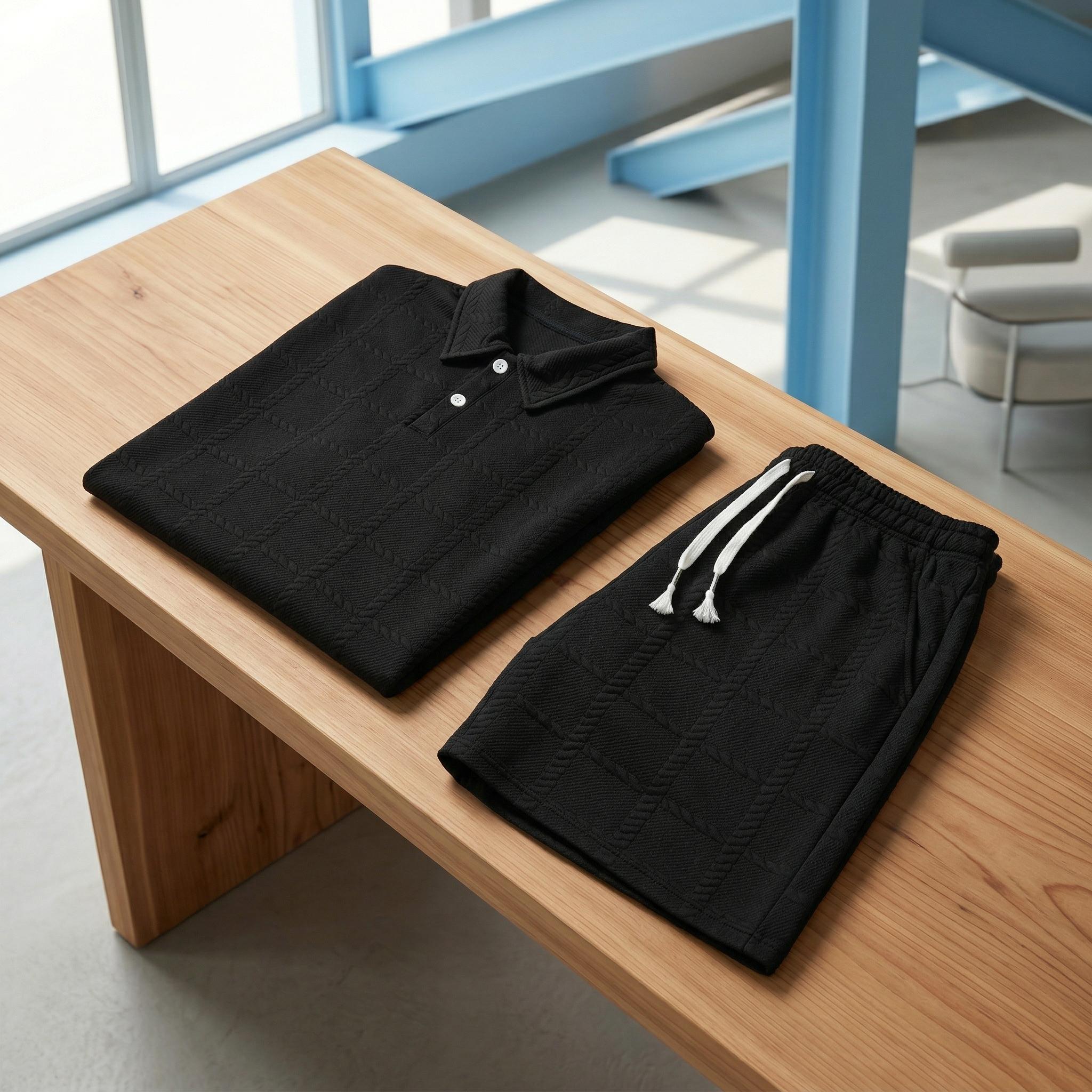 Men's 2 Piece Loungewear Set, Textured Polo Shirt & Shorts for Home & Streetwear