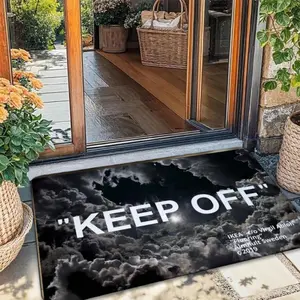 Keep Off Statement Rug, Cloud Print Bold Text Carpet, Trendy Hype Urban Floor Mat, Aesthetic Typography Decor for Bedroom, Non-Slip Soft Flannel Indoor Rug, Funny Gift for Teen Room