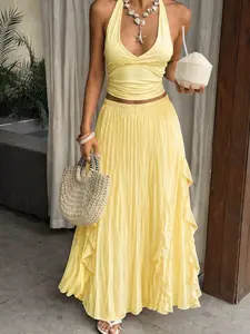 Yellow Pleated Ruffle Maxi Skirt - Lightweight 2026 Trending Bohemian Vacation Skirt, Soft Fabric Perfect for Beach & Date