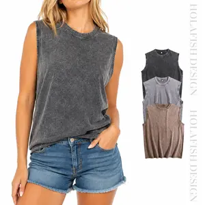 Holafish 3 Pack Women’s Cotton Sleeveless Acid Wash Tank Tops, Soft Cotton Lightweight Breathable Summer Shirts for Gym, Casual & Streetwear