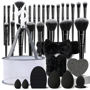 37Pcs Exclusive Holiday Black Brush Set with 25PCS Makeup Brush, Standard and Mini Makeup Sponges, Heart Shaped Cleaning Sponge, Water Drop Finger Puffs, Headband, Wristbands, Mesh Drying Basket, Brush Cleaner Mat, Makeup Tool Set - Perfect Party Surprise
