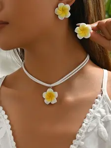3-PieceBoho Style Handmade Egg Flower Necklace & Earrings Set, Sweet Cute Dopaamine Floral Jewelry for Women, Perfect Gift for Any Occasion