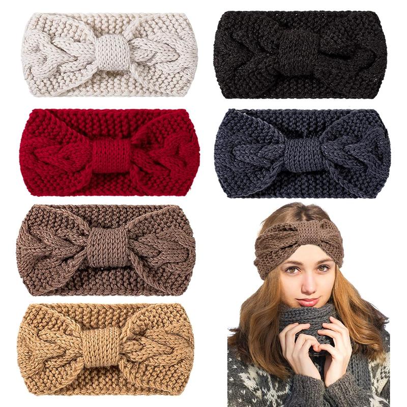 Stylish Knitted Hairband Non-Slip Headband Top Knotted Bow-Knot Headbands for Women Girls 6 Pcs Elastic Soft Hair Accessories in Black White Light Yellow Khaki Dark Grey Red