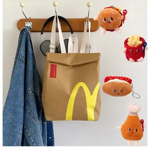 Funny Classic Paper Bag Backpack with Hamburger keychain Retro Fashion Large Capacity Backpack Casual Canvas Bag Funny Gift for Women Men