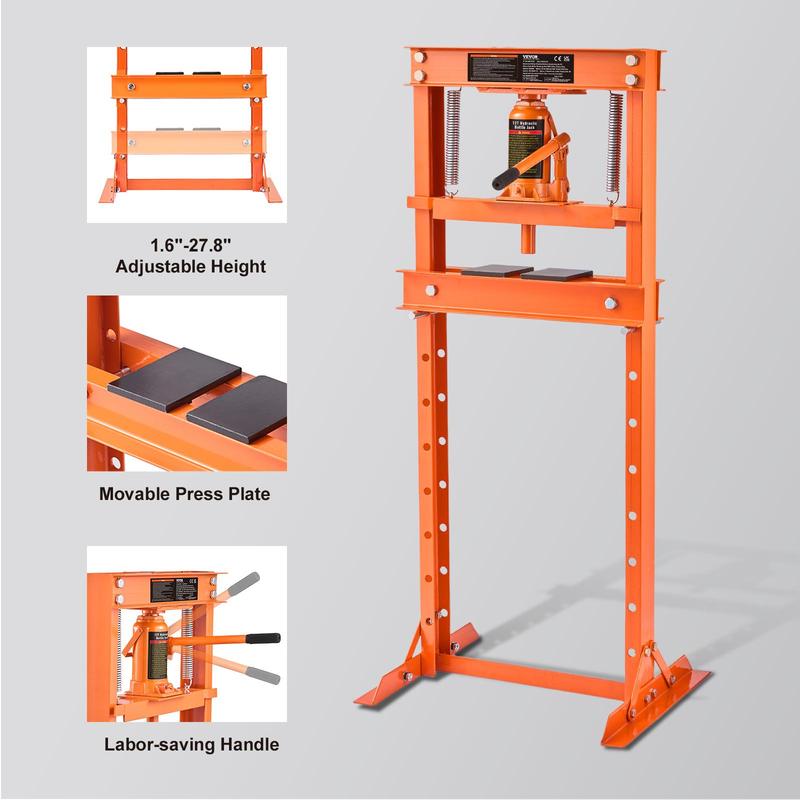 VEVOR Hydraulic Shop Press, TikTokShopBlackFriday, 12 Ton H-Frame Hydraulic Garage/Shop Floor Press, Adjustable Shop Press with Press Plates, Heavy Duty Hydraulic Press for Garage, Shop, Workshop