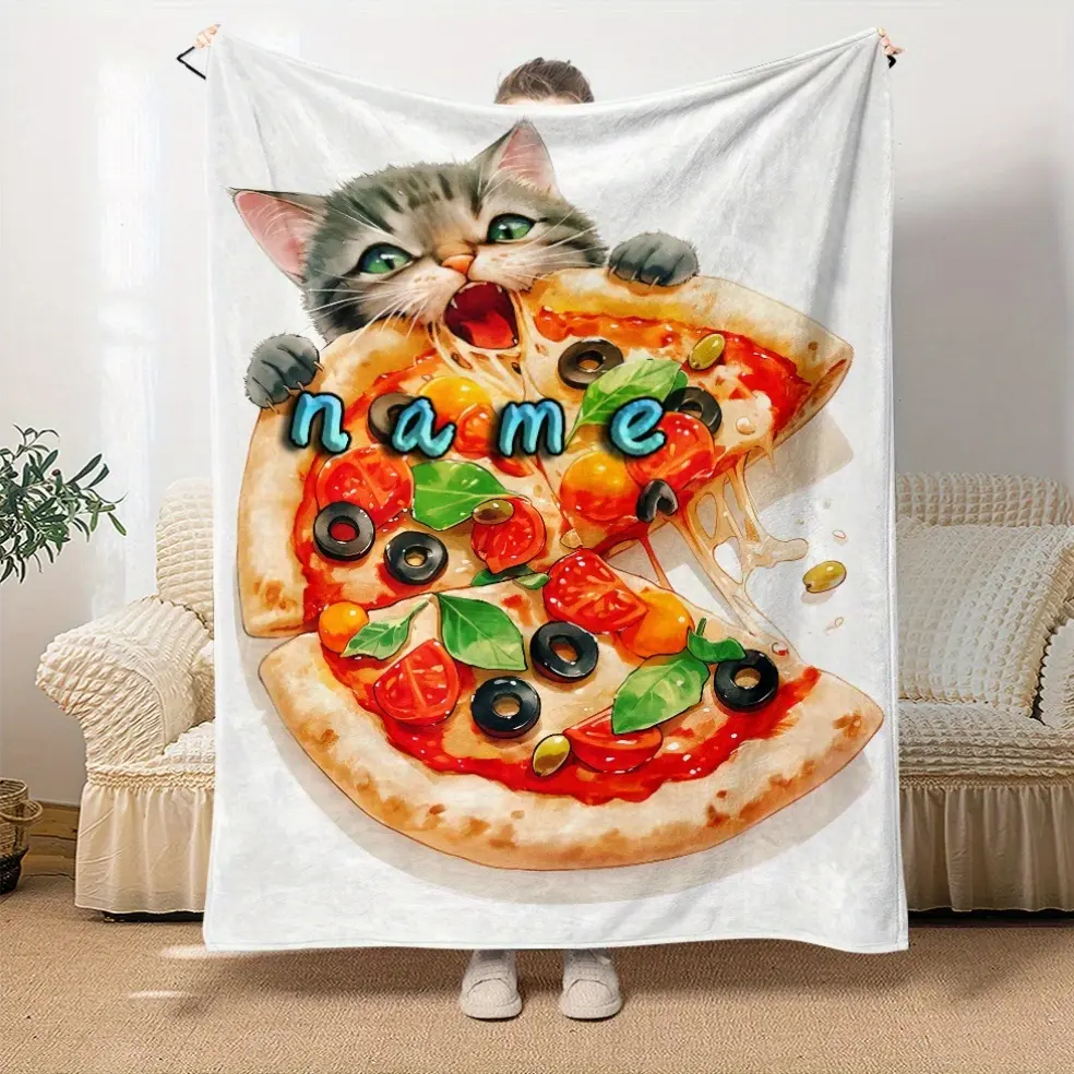 Custom Personalized Cat Eating Pizza Flannel Throw Blanket - Soft, Lightweight, Warm Custom Name Print, Polyester, No Electricity/Feathers, 50x76cm(20×30inch),80×120cm(32×48inch),100×130cm(40×50inch) - Perfect for Sofa, Bed, Multi-Size, Customized