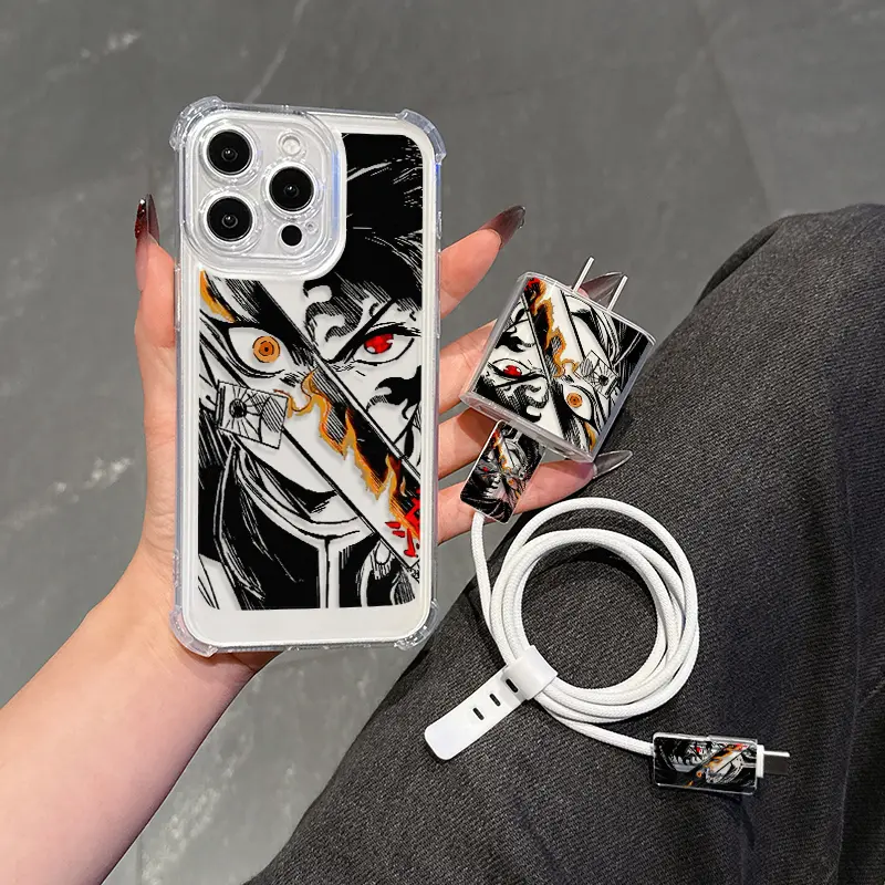 5 Piece Set Transparent Anime Phone Case, Charger Head Cover, Cable Protector, Storage Rope, Anti-Drop Tpu Case for iPhone 6-17 Pro Max
