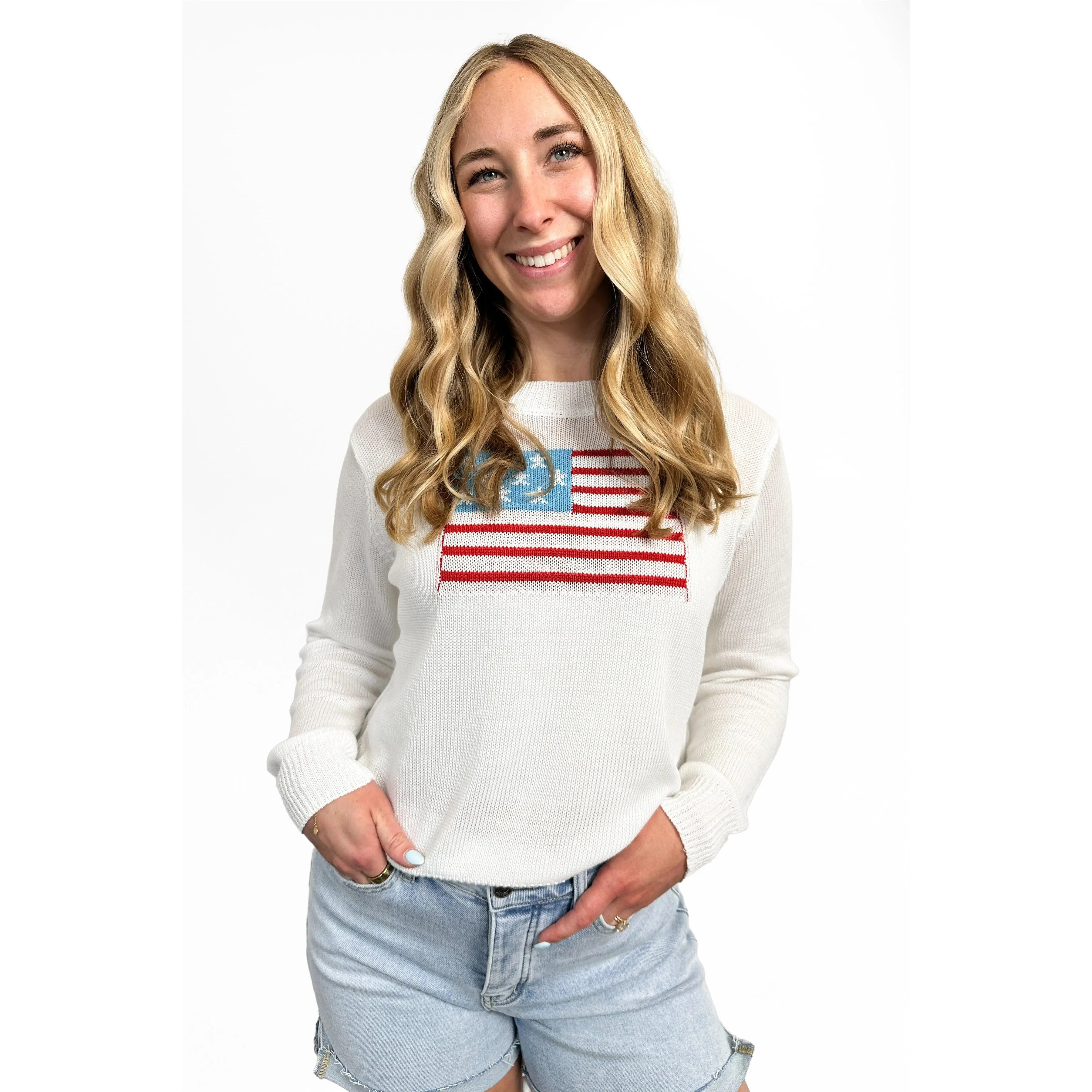 Women's American Flag Long Sleeve Knitwear Pullover by Ava Lane - Polyester, Flattering Fit, Everyday Wear *FINAL SALE*, Casual, Ribbed, Leggings, Fabric, Comfortable, Longsleeves, Tops, Flag Print, Sweater, Fitted
