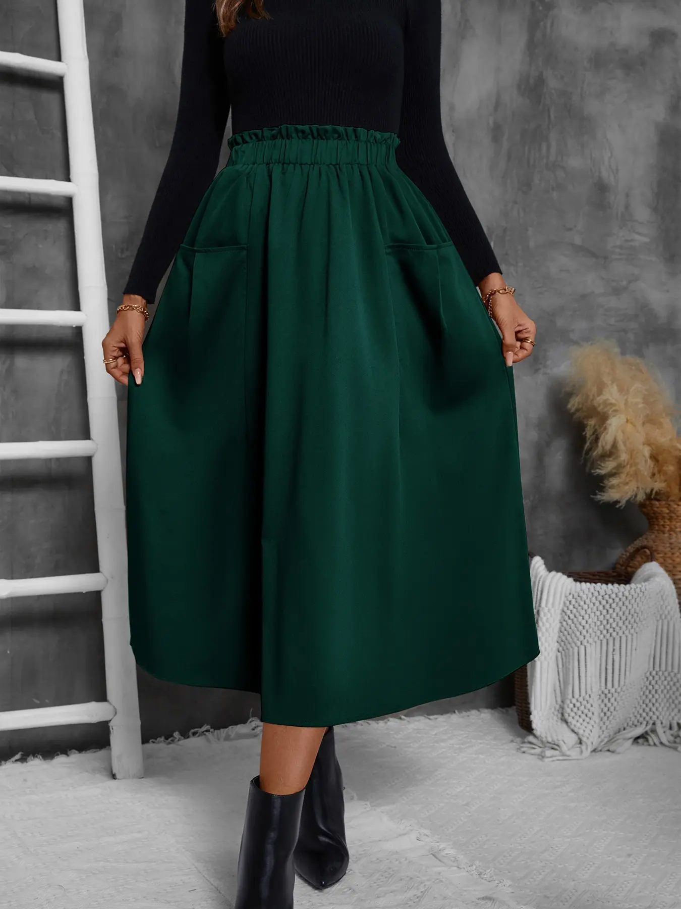 Women's A-Line Umbrella Skirt, Casual, Elastic Waist with Ruffle Hem, Mid-Length Dress, Stylish and Comfortable, Perfect for Daily Wear, Everyday