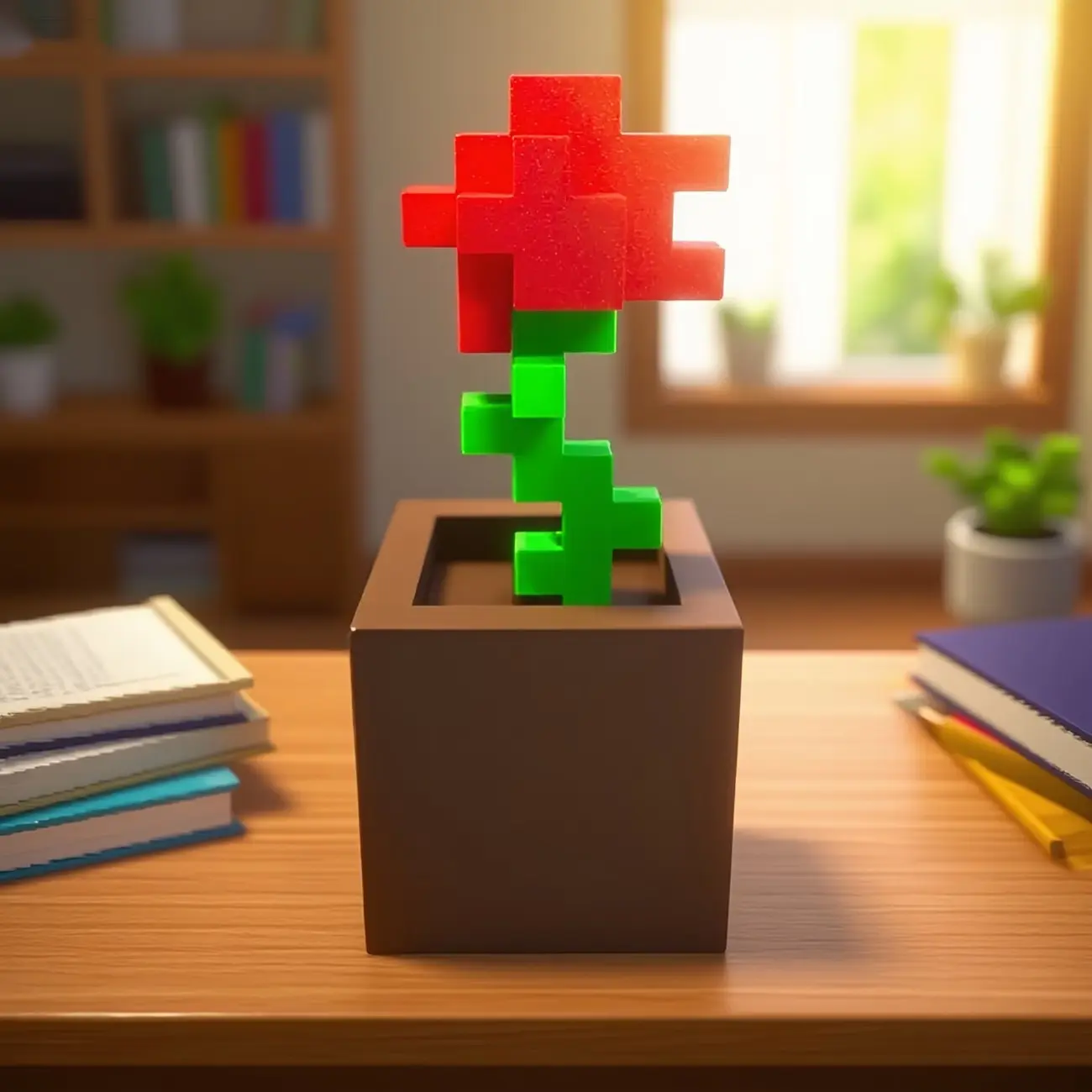 Pixel Rose Minecraft Style 3D Printed Flower Decor, Decorative Flowers, Floral Decor, Artificial Flower Decorations, Unique Plastic Ornament for Desk & Bedside Table, Perfect Gift for Valentine's Day, Birthday & Christmas