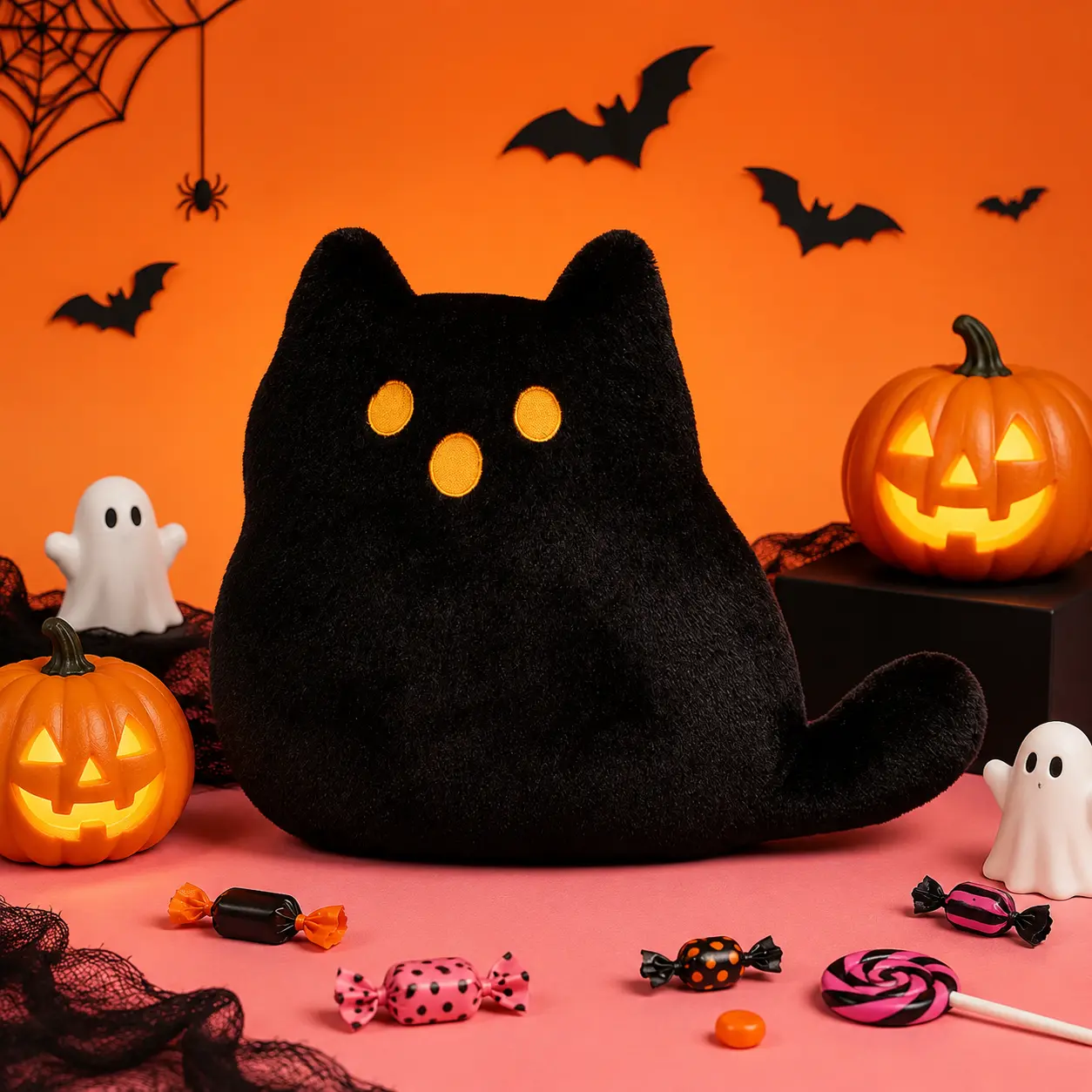 Cute Black Cat Plush Pillow, Soft Kawaii Cat Stuffed Animal Throw Pillow, Halloween Cat Plush Cushion for Sofa, Bed, Home Decor & Gift