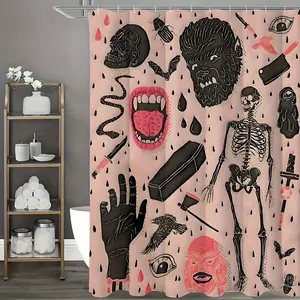 Estmy Vintage Halloween Shower Curtain Set Blush, Heavy Duty Waffle Fabric, Creepy Gothic Skeleton Skulls Bats Fun Cute Halloween Themed Shower Curtains with Hooks Scary Spooky Horror Bathroom Decor top window bathroom Layer home decor gift Pink180*180Cm