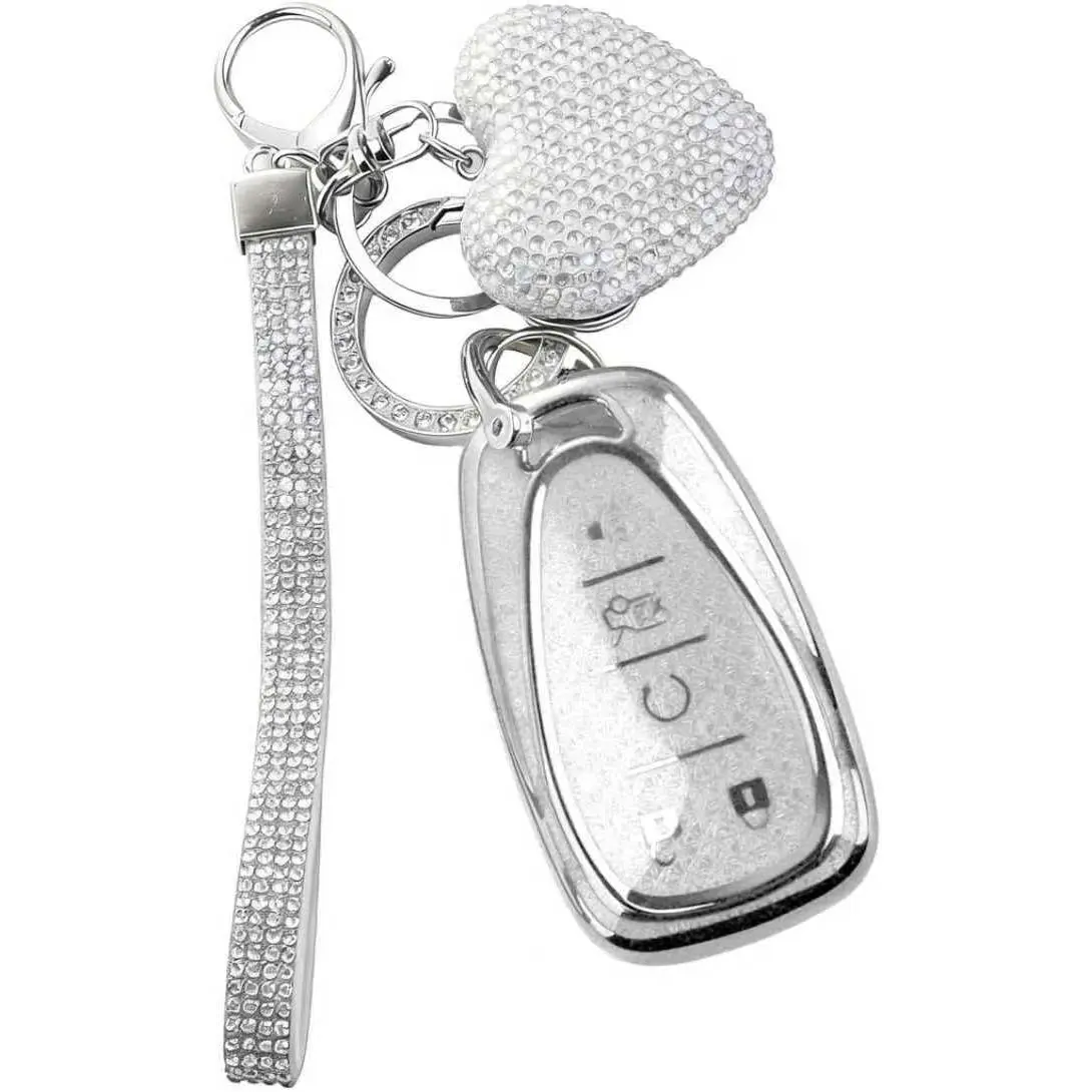 5-Button Car Key Accessory for Chevy Equinox & Spark, Full Coverage Sparkle Key Cover + Chain, Stylish Bling Heart Keychain Protector (White)