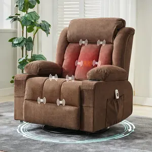 Power 360°Swivel Rocker Recliner Chair with Heat and Massage for Big and Tall Adults Oversized Electric Glider Reclining Chairs with Remote Control,Cup Holders,Side Pockets,USB Charge Port,Brown