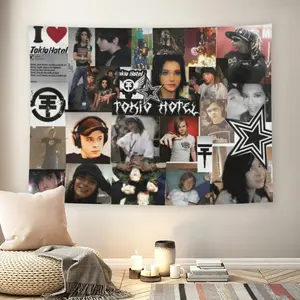 Tokio Hotel Emo Band Collage Wall Flag, 2000s Nostalgia Print, Mid-century Modern Black Flash Manga Style, Pop Punk Aesthetic, For Adult Fans, Music Fan Decor, Teen Bedroom, Dorm, Retro Tapestry, Trippy Tapestry