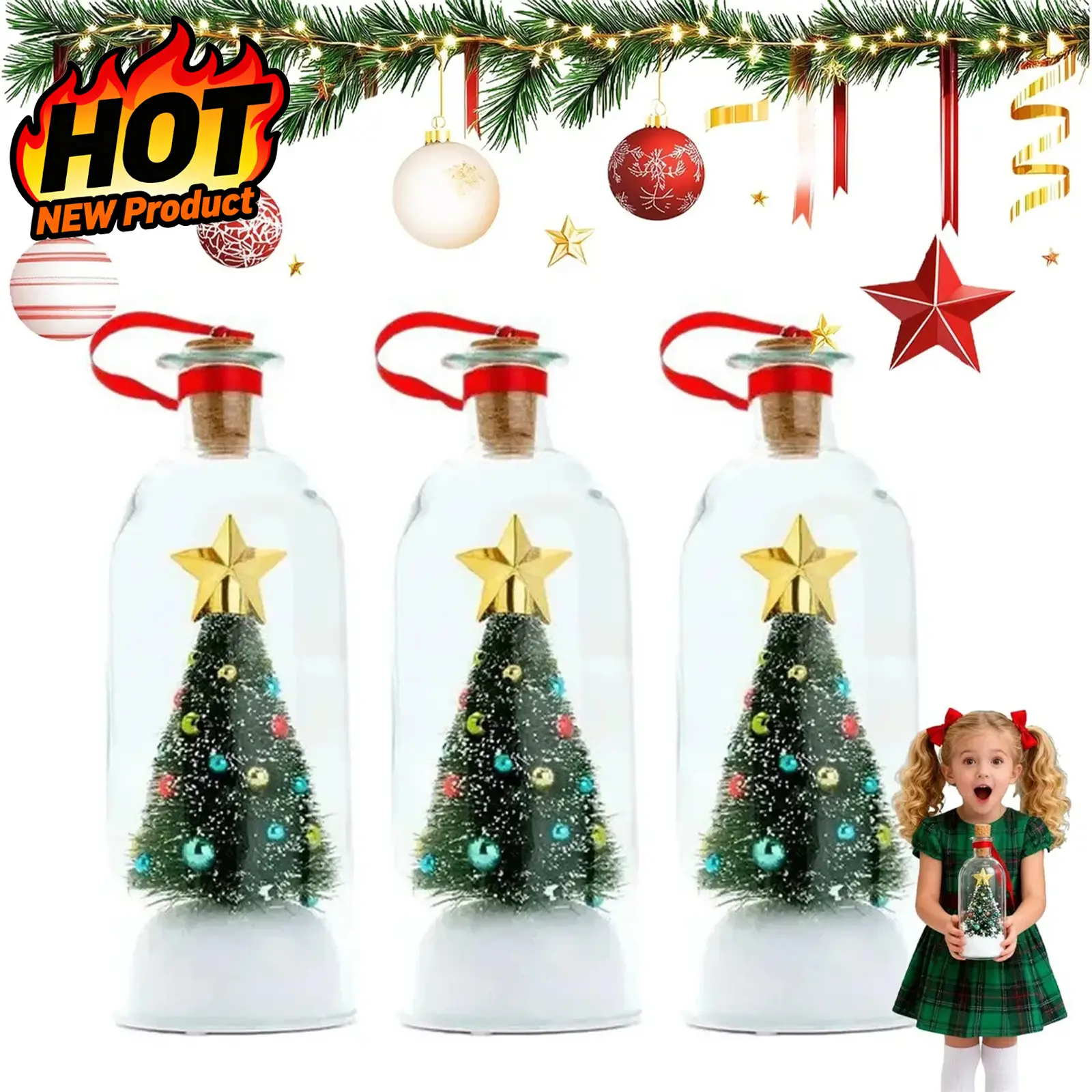3PCS DIY Felt Crafts Recordable Christmas Tree Message In A Glass Jar Ornament - Nostalgic Snowy Scene Decor, Cool Cork & Curling Ribbon Brush Keepsake, Festive Home Xmas Party Gift For Family, Home Xmas Festive Party