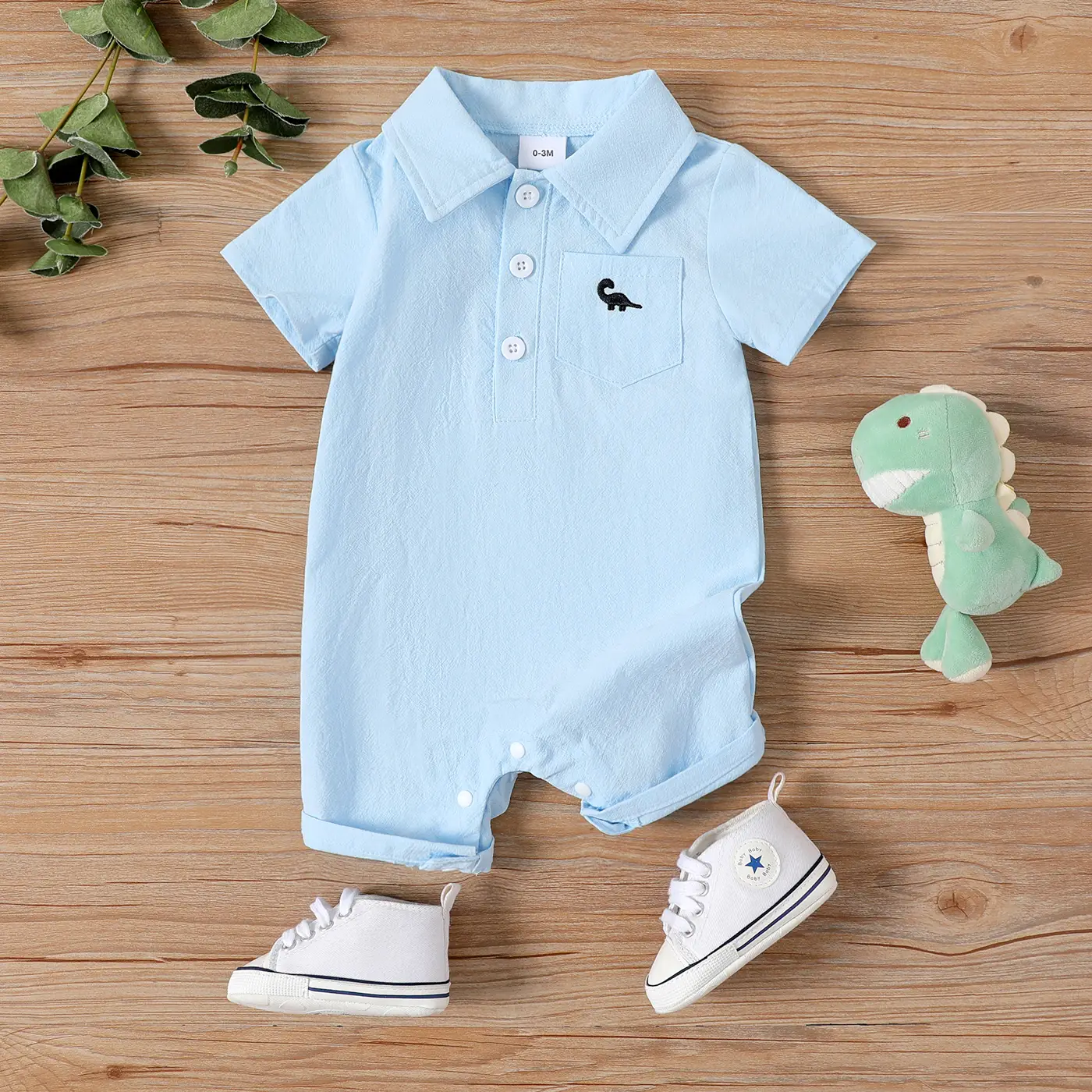 PatPat Baby Boy 100% Cotton Front Buttons Pocket with Dinosaur Pattern Lapel Neck Solid Jumpsuit baby bodysuit