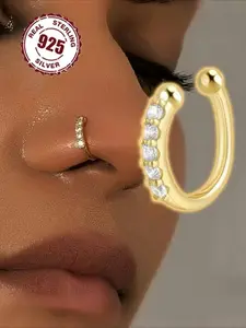 Fashionable Faux Nose Ring, 925 Sterling Silver with Cubic Zirconia No Piercing Needed, Fashion Hip Hop Accessory for Women & Girls, High Quality Jewelry