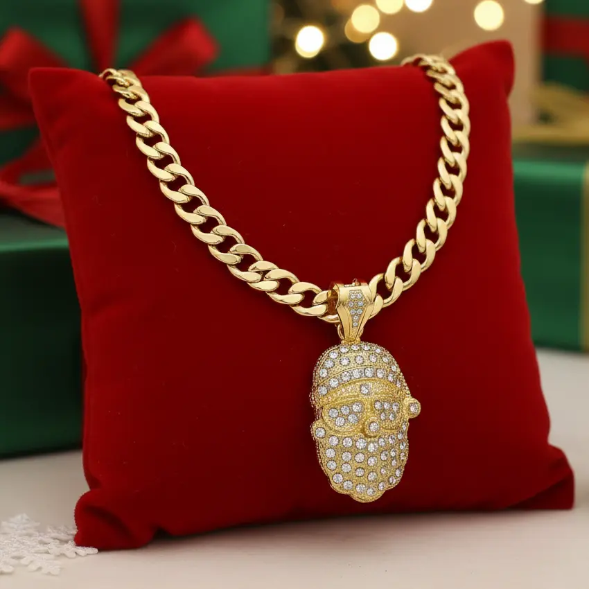 MaxBling81 Unisex X-Mas Santa Claus CZ Iced Pendant with Multi-Size 10mm Cuban Chain (18in, 20in, 24in, 30in) - 14K Gold or Silver Plated Hip Hop Necklace Costume Jewelry