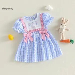 Toddler Baby Girl Dress Puff Short Sleeve Crew Neck Cross Letters Embroidery A Line Plaid Print Christian Dress