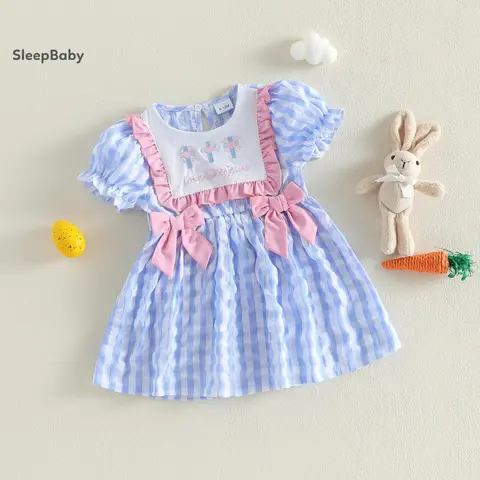Baby Girl Clothes Polyester-Cotton Blend Plaid A-Line Dress - Puff-Sleeve Cute, Crew Neck, Criss Cross Letters & Cross Heart Embroidery, Christian Casual Wear, Soft 50% Cotton, Easy to Wear, 12-18 Months Toddler Girls' Outfit