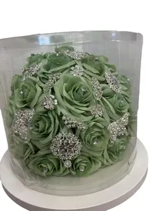 Pistacho Green and Silver Deluxe Bling Bouquet 32 Inch Round 15 Inch Wide 3 3/4 Handle 10 Inch Tall with Crystal Accents