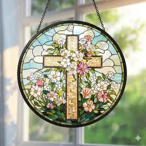Christian Cross Wildflower Stained Acrylic Sucatcher, Window Decor, Floral Suncatcher, Religious Gift, Jesus Home Decor, Stained Glass Effect Window Decor, Religious Keepsake Gift for Mom, Christian Spring Landscape Wall Art