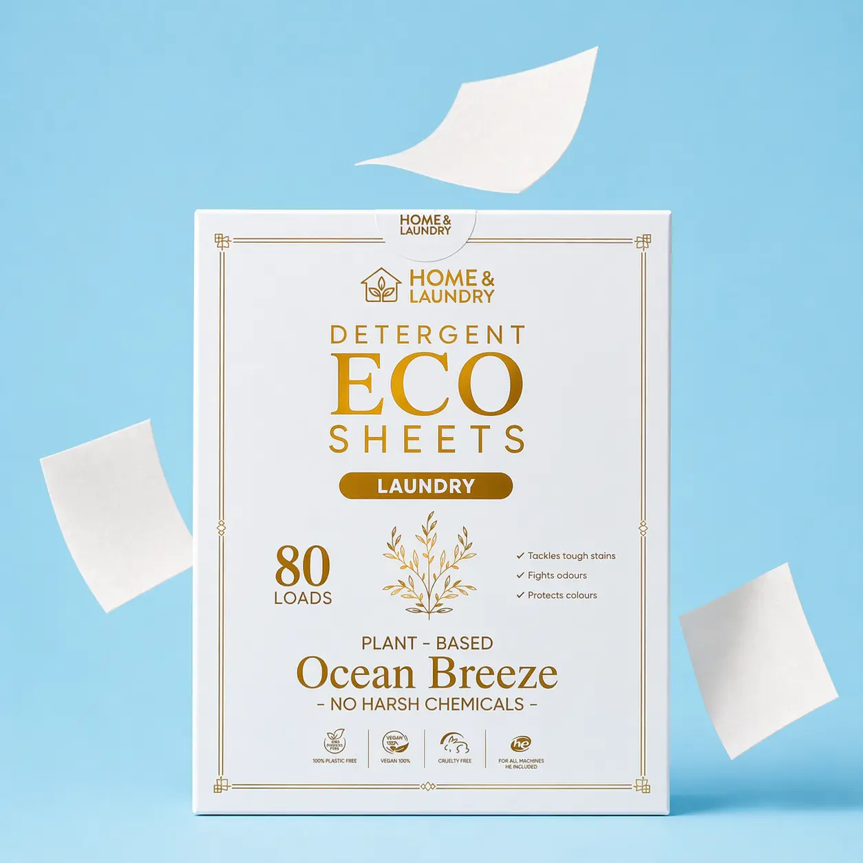 Laundry Detergent Sheets 80 Pack – Plant-Based Eco Laundry Sheets, Ocean Breeze Scent, Pre-Measured, No Harsh Chemicals, Cold & Hot Wash – Home & Laundry