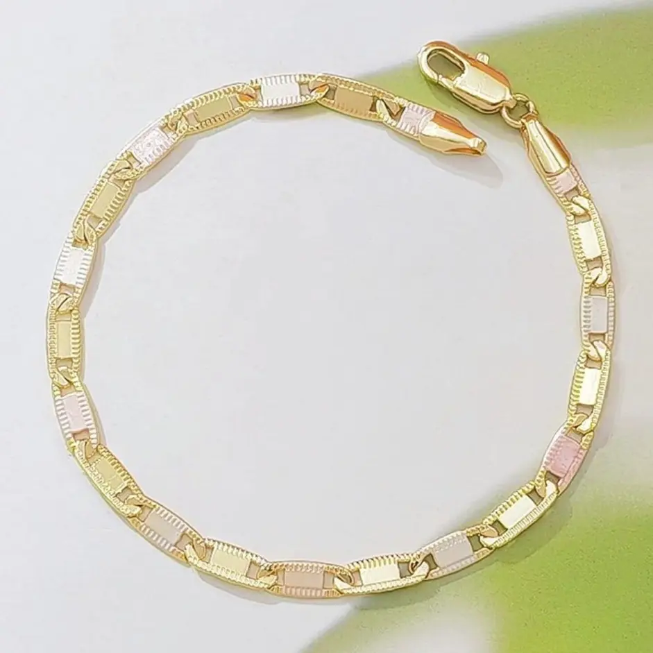 14K Gold Tri Color Rectangle Marina Link Bracelet for Women, Dainty Three Tone Flat Chain Wrist Bracelet, Tarnish Resistant Stackable Minimalist Fashion Jewelry Gift for Her