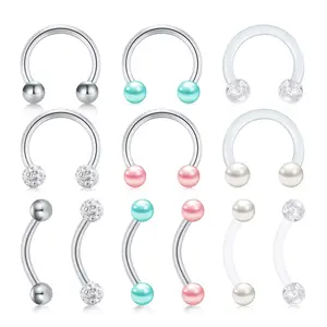12-Piece Horseshoe & Curved Barbell Piercing Set, Assorted Nose & Eyebrow Rings with Pearl, CZ & Solid Ball Tops, Silver Tone & Transparent Piercing Jewelry for Everyday & Edgy Styling