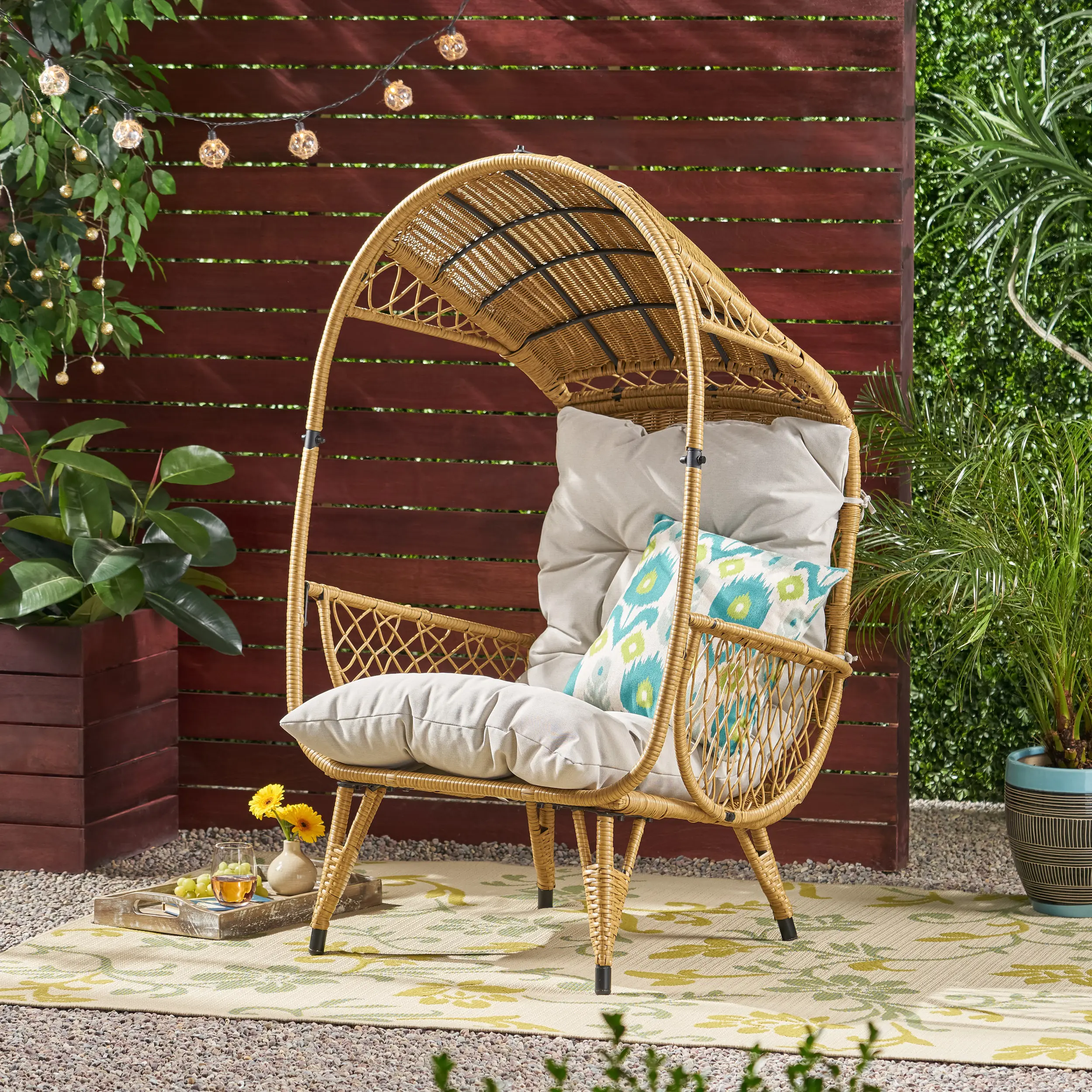 Outdoor Woven Basket Chair with Cushion, Deep Seating, Weather-Resistant PE Rattan, Water-Resistant Cushion, Boho Style, Brown+Beige, 32.5"W x 36.5"D x 56.75"H