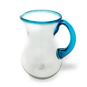 Mexican Hand Blown Glass Pitcher – Aqua Rim and Handle (84 oz)