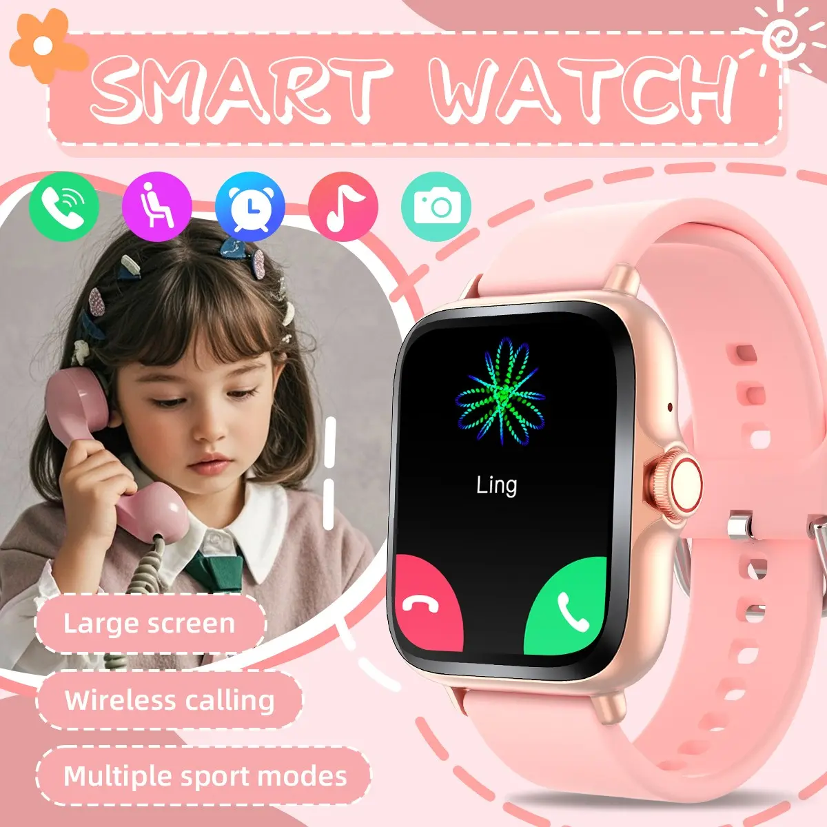 1.83 Inch HD Touchscreen Kid Smartwatch, Calling Smart Watch, Sports Tracking, BT-compatible Call, Message Notification, Custom Watch Face, Fitness Tracker, Multi-Sport Mode, Camera Remote, Pedometer Unisex Gift, Compatible with iOS and Android