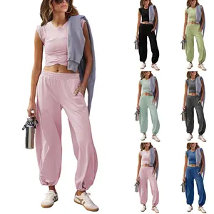 Mundoven Womens 2 Piece Sweatsuits Sets Casual Workout Cropped Tee Top High Rise Sweatpants Athletic Tracksuits